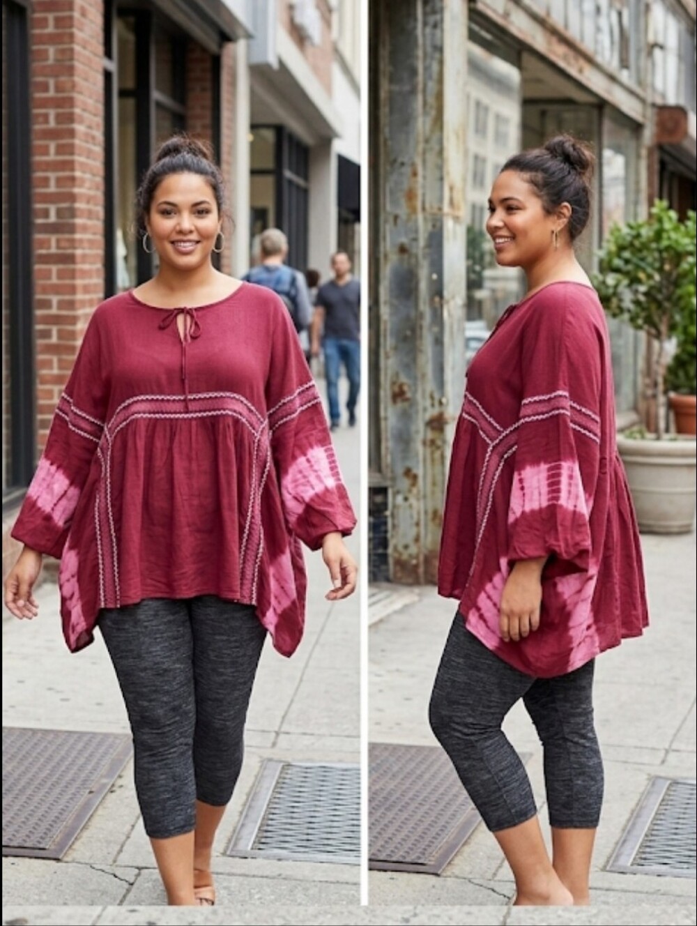 1X boho free style top tunic cranberry tie dye